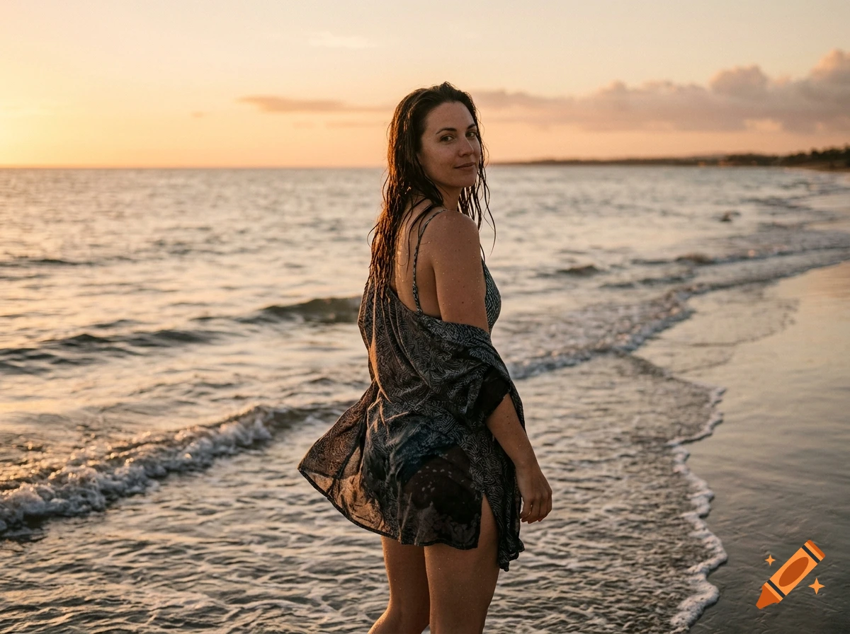 Photorealistic sunset view of a woman with wet hair standing on a sandy beach looking back toward the camera.