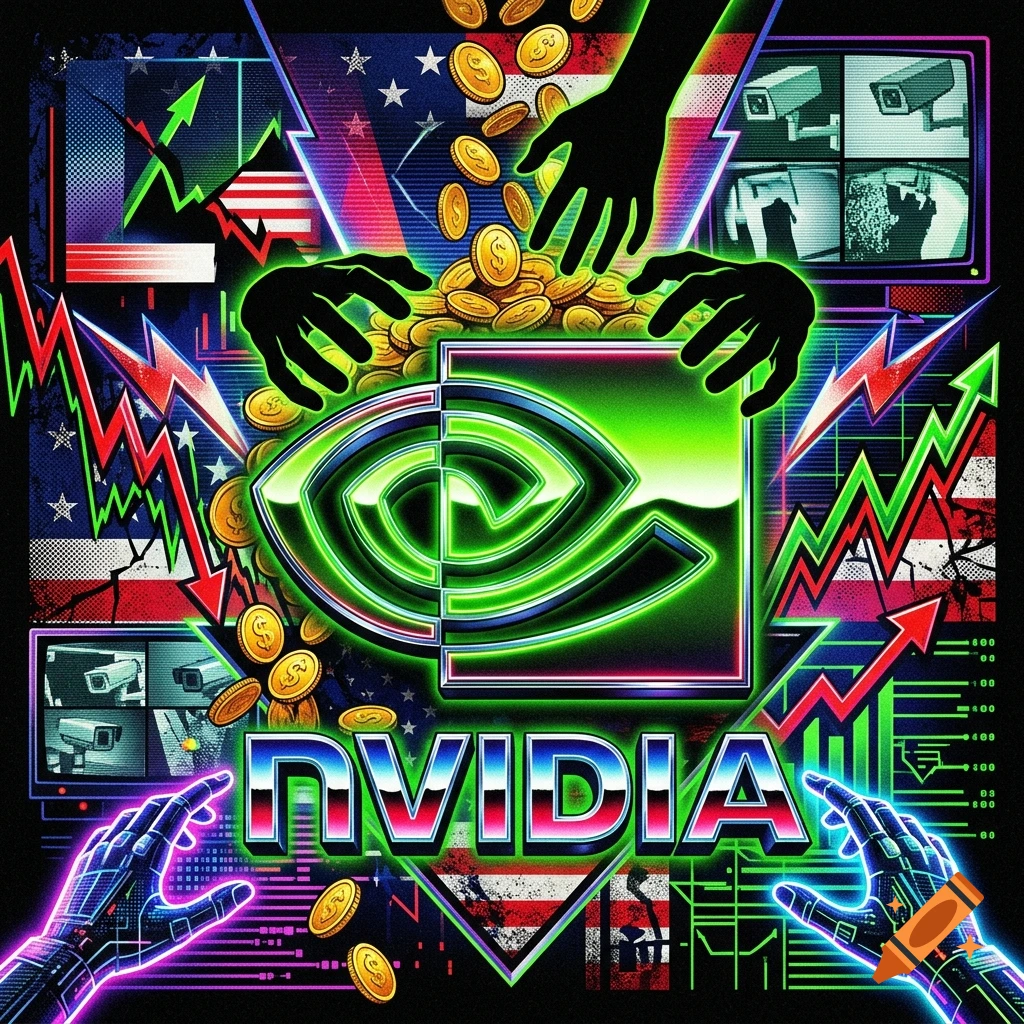 90s style retro neon illustration featuring the NVIDIA logo, green graphics, American flags, cascading coins, and security cameras.