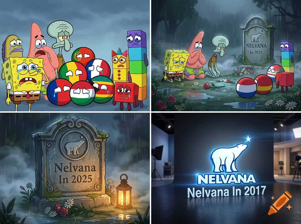 Four-panel cartoon illustration featuring SpongeBob, Patrick, Squidward, countryballs, and numberblocks crying next to a Nelvana gravestone.