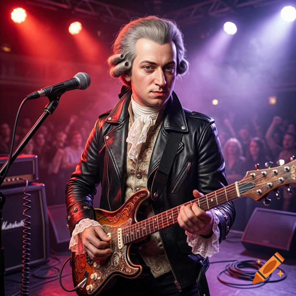 A man in 18th-century classical attire and a modern leather jacket plays an electric guitar on a stage with a microphone and band equipment.