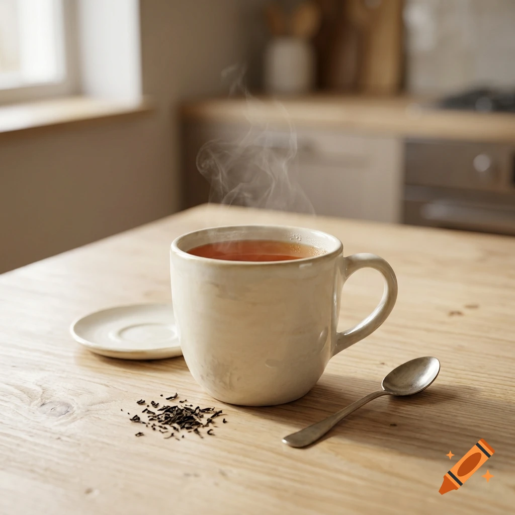 Photorealistic image of a steaming cup of tea on a wooden table with loose tea leaves and a spoon.