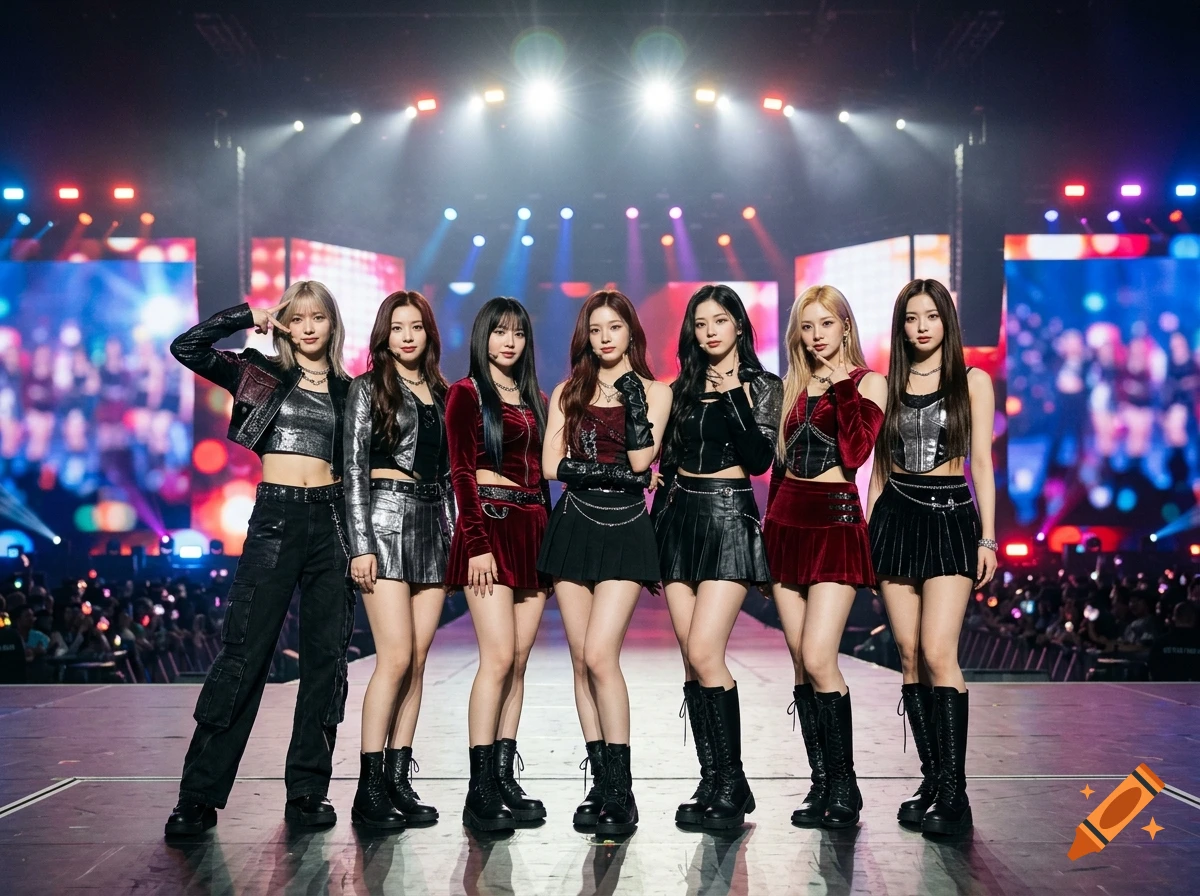 Seven female K-pop idols posing on a stage with lights and screens in the background, photorealistic style.
