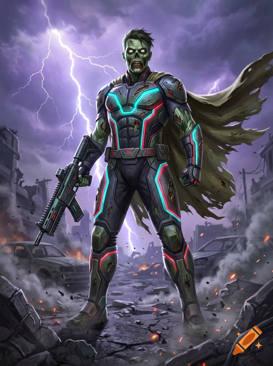 Digital illustration of a male zombie superhero in tactical armor with a rifle, standing in a ruined city with lightning in the background.