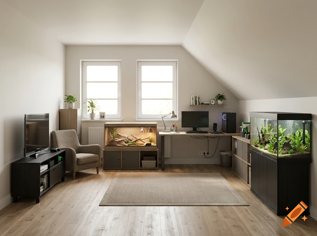 Photorealistic interior rendering of an attic living room with a desk, aquarium, and large windows.