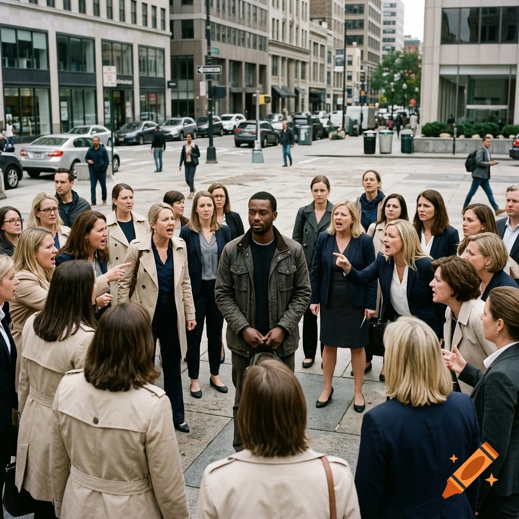 A crowd of well-dressed women standing in a city street and shouting at a lone man in the center.