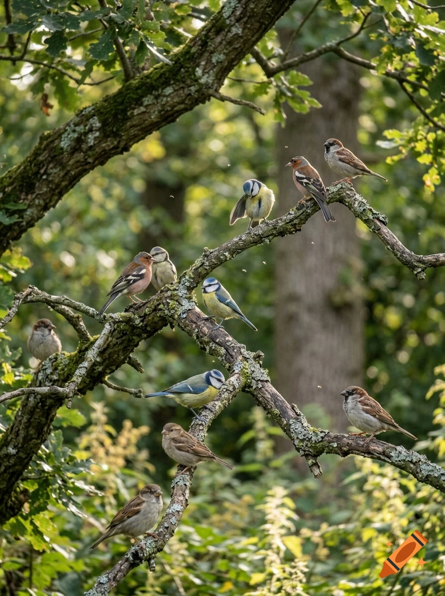 Photorealistic image of various small birds, including blue tits and sparrows, perched on mossy branches in a forest.