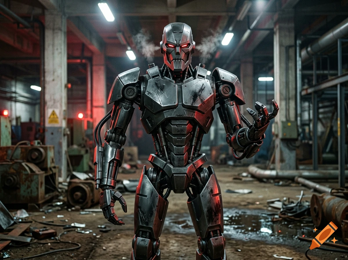 Photorealistic image of a menacing, metallic evil robot standing in an industrial warehouse setting.