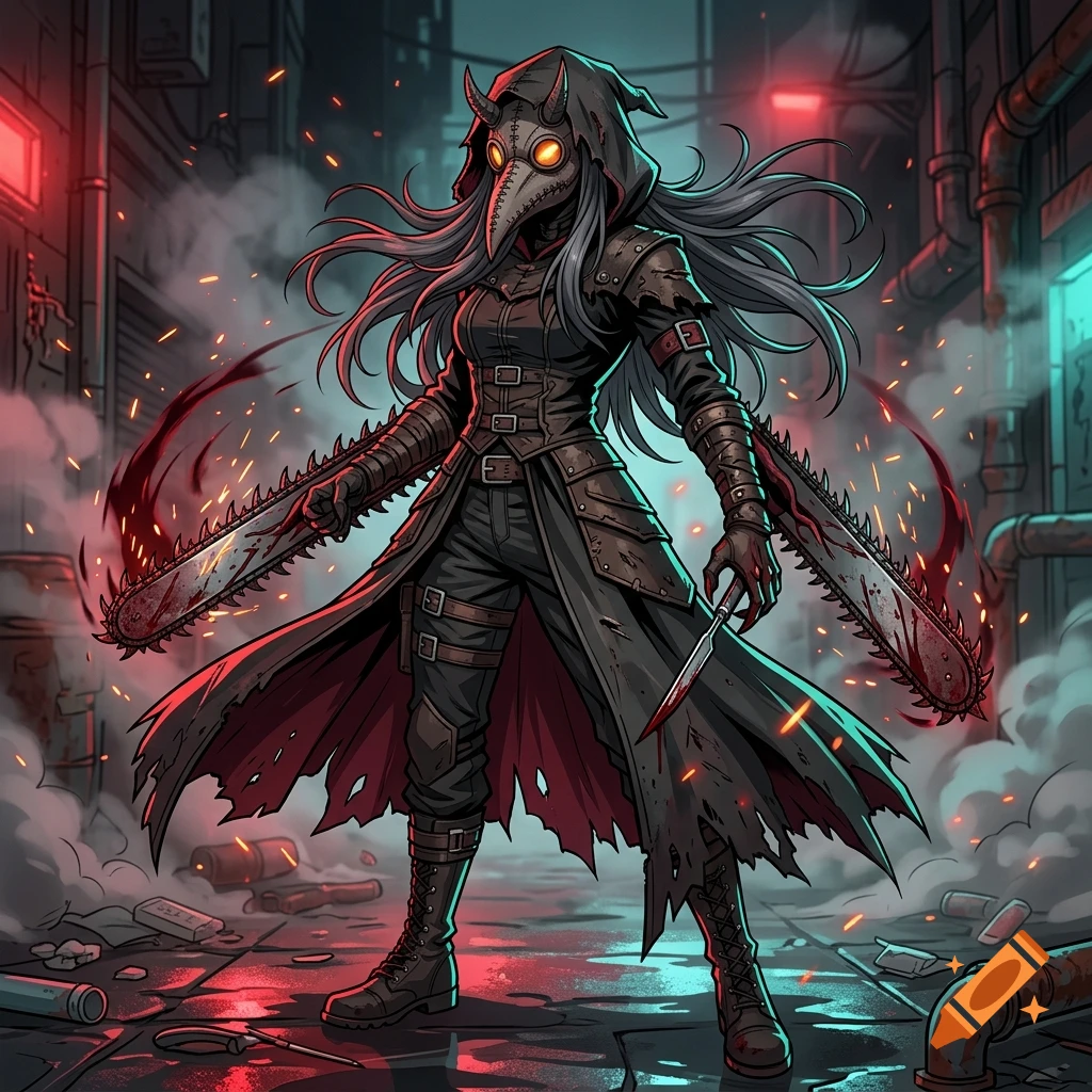 Stylized female plague doctor with horns and chainsaw arms in a dark alleyway, anime illustration style.