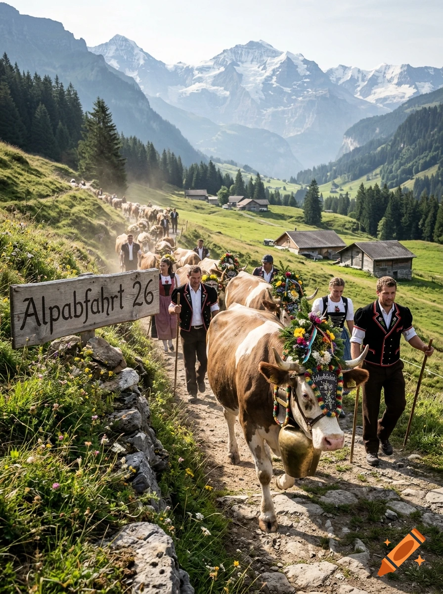 Photorealistic scene of a traditional Swiss cattle drive with decorated cows and people walking along a mountain path with snowy peaks.