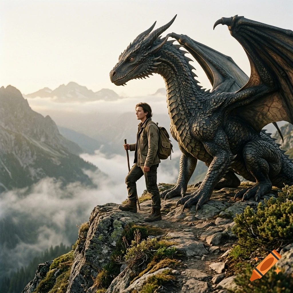 Photorealistic image of a traveler with a wooden staff and backpack standing on a cliff edge next to a large dragon overlooking misty mountains.