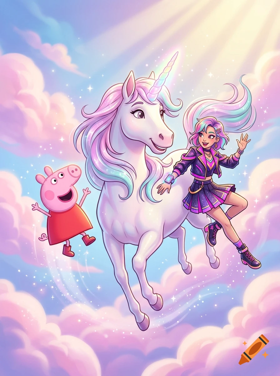 A stylized digital painting of a girl with colorful hair and a white unicorn with a rainbow mane flying through pink and blue clouds, accompanied by a small pink pig character.
