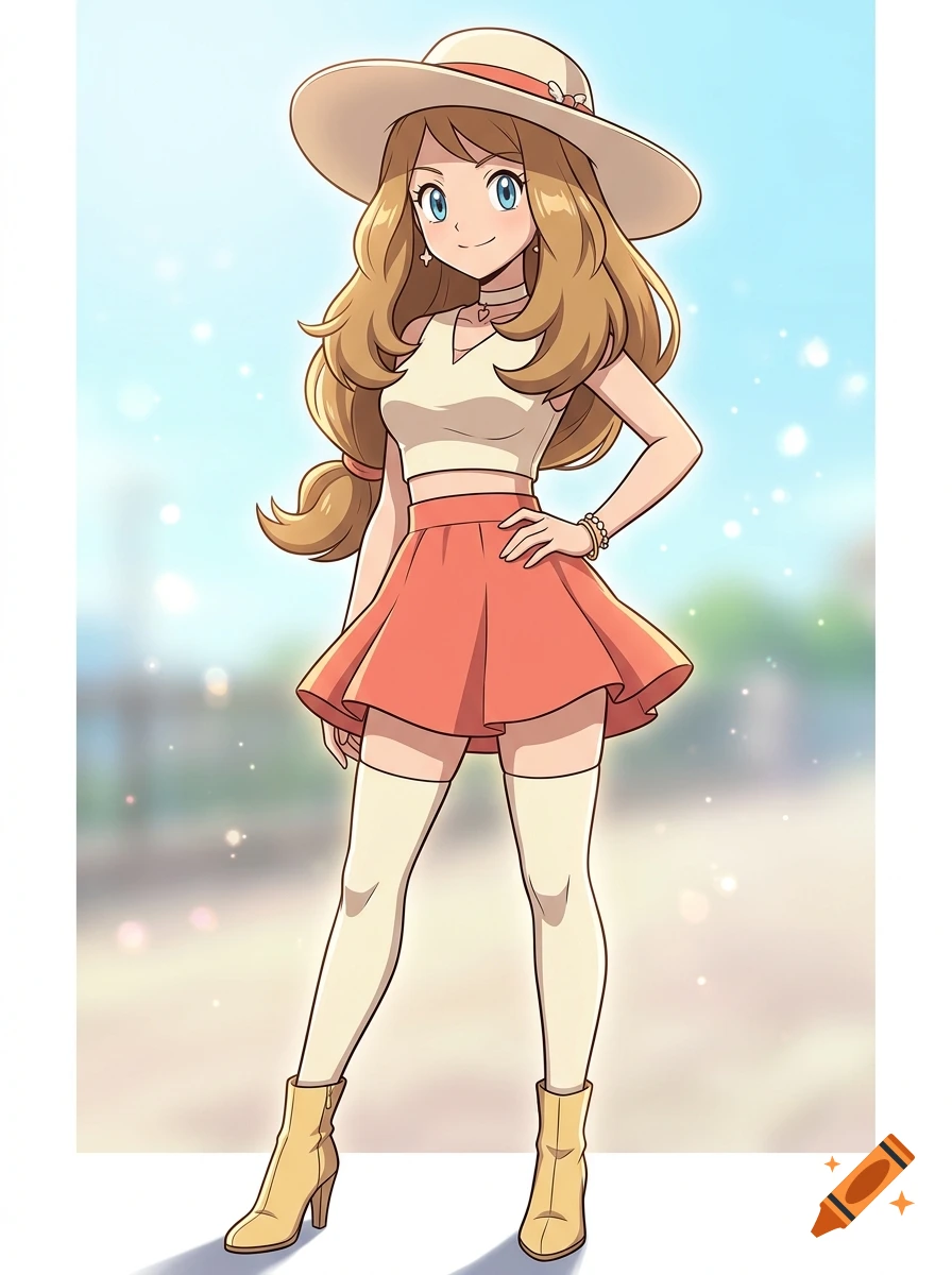 Anime illustration of Serena from Pokémon wearing a crop top, skirt, and hat, standing outdoors against a bright sky.