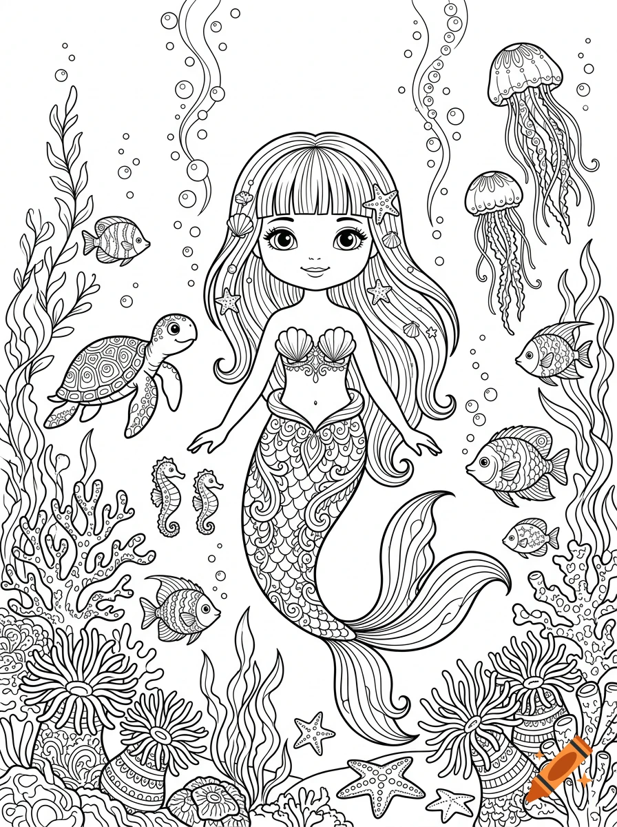 Black and white line art coloring page depicting a cute chibi mermaid surrounded by sea life including fish, jellyfish, a turtle, seahorses, and coral reef plants.