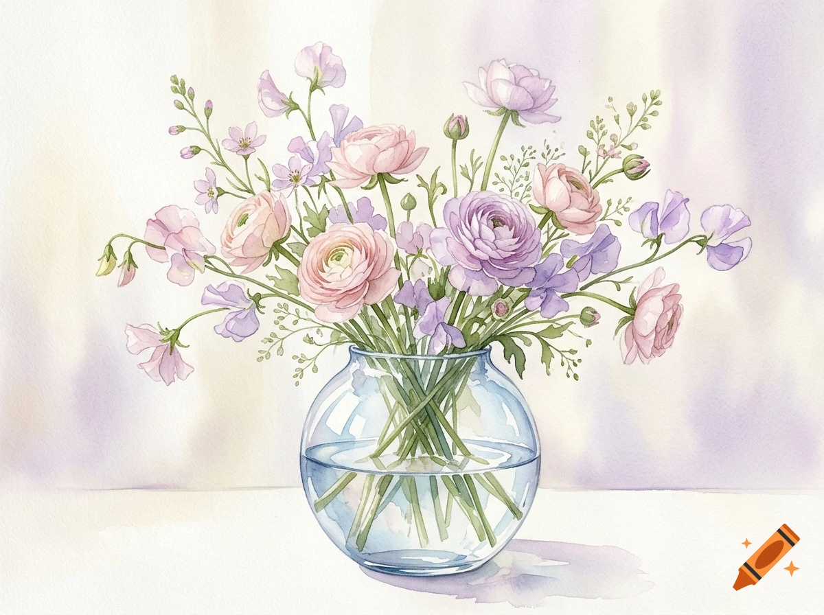A watercolor painting of a bouquet of pink and purple flowers in a round glass vase on a white surface.