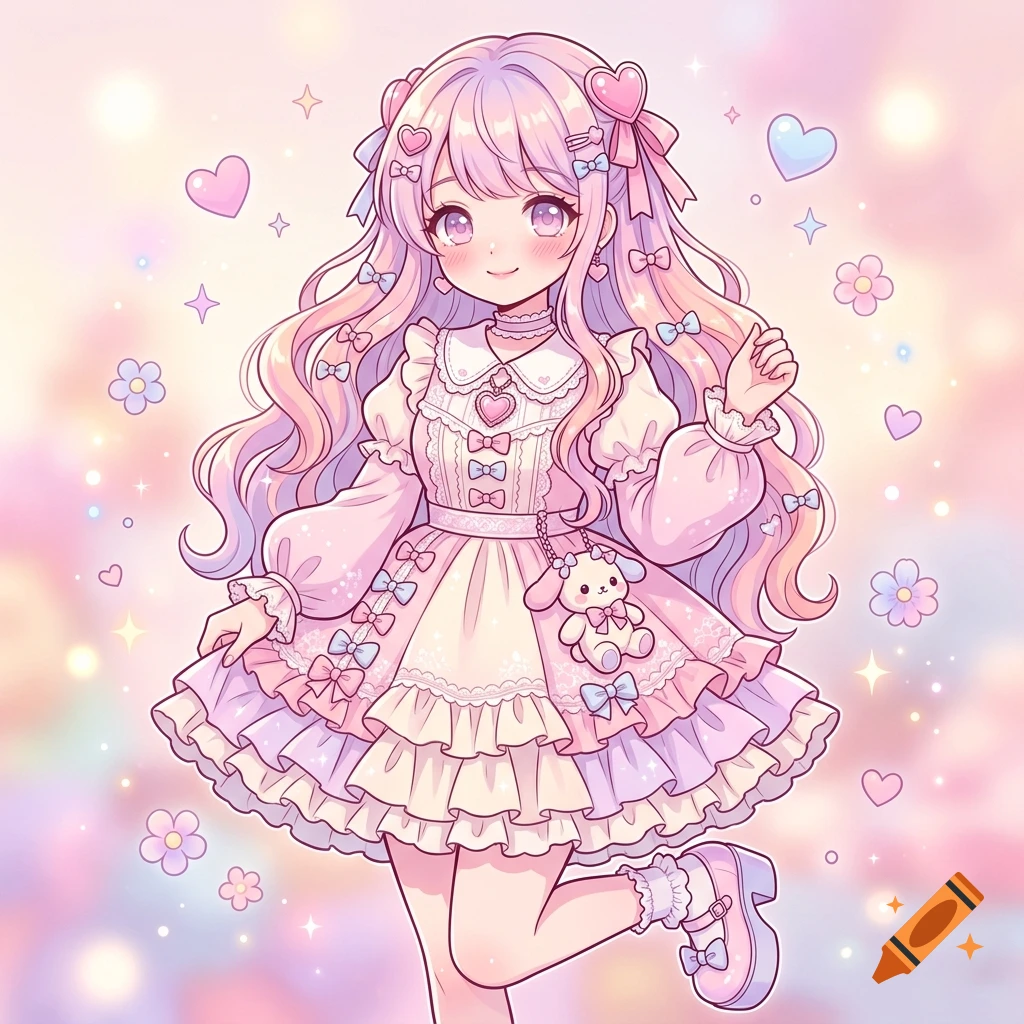 An anime-style illustration of a smiling young woman with long pink hair and purple eyes, wearing a frilly pink dress with bows and a plush animal accessory, set against a soft pink background with hearts and flowers.