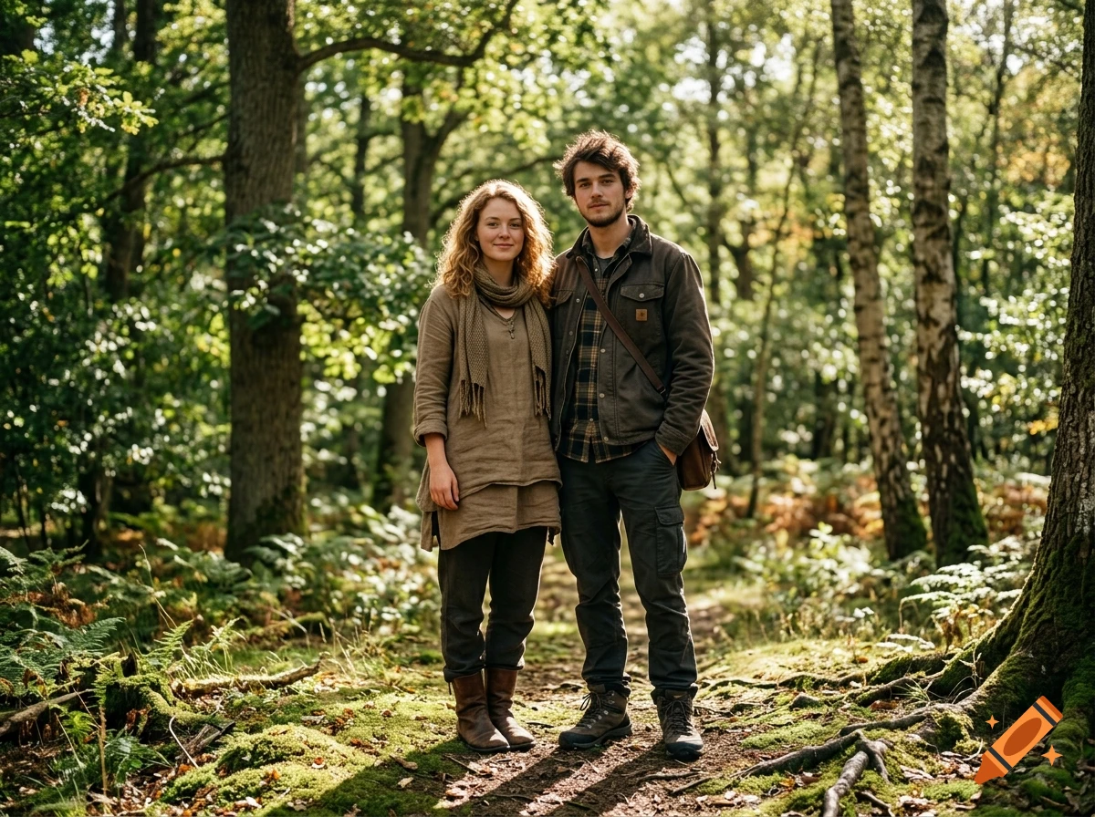 A young couple standing on a dirt path in a lush green forest, photorealistic.