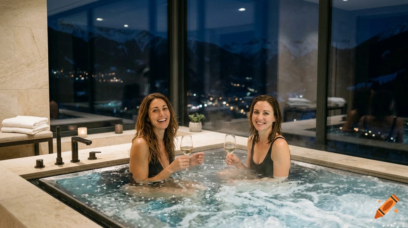 Two women smiling and holding wine glasses while relaxing in a hot tub overlooking a mountain view at night. Photorealistic.
