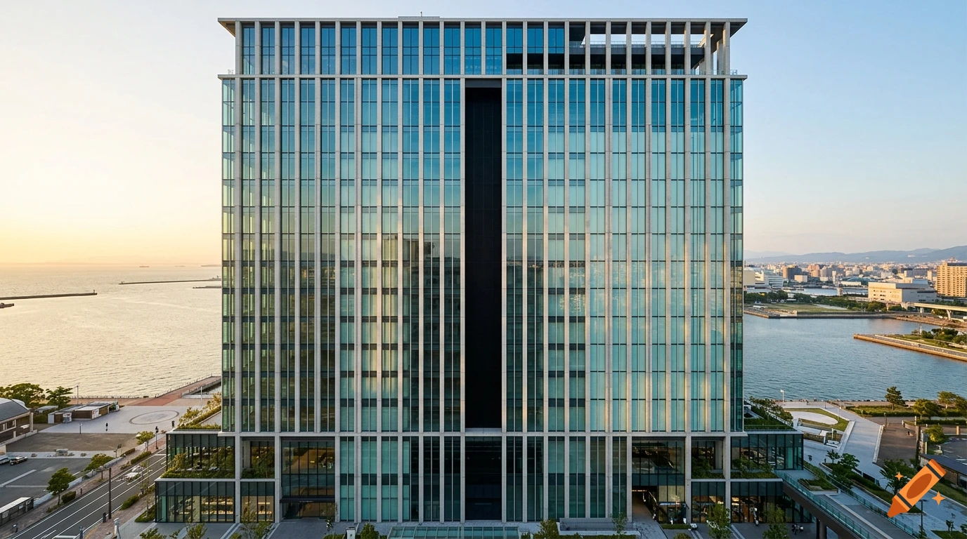 Photorealistic architectural rendering of a modern skyscraper with a glass facade and waterfront view at sunset.