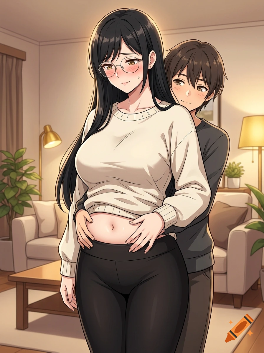 Anime style illustration of a shy tall girl with glasses and black hair getting a gentle hug from behind in a living room.