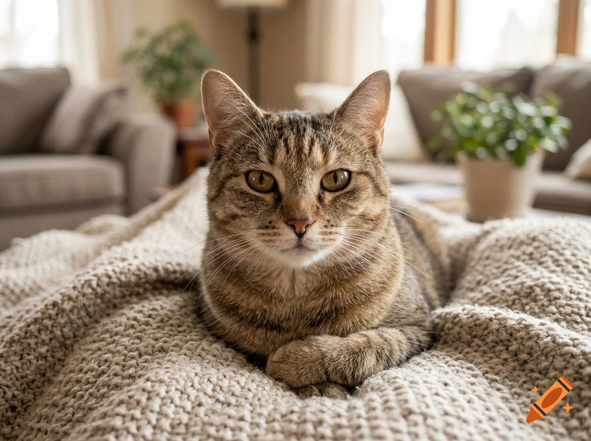 Photorealistic close-up of a tabby cat resting its head on paws over a knitted blanket in a cozy living room.
