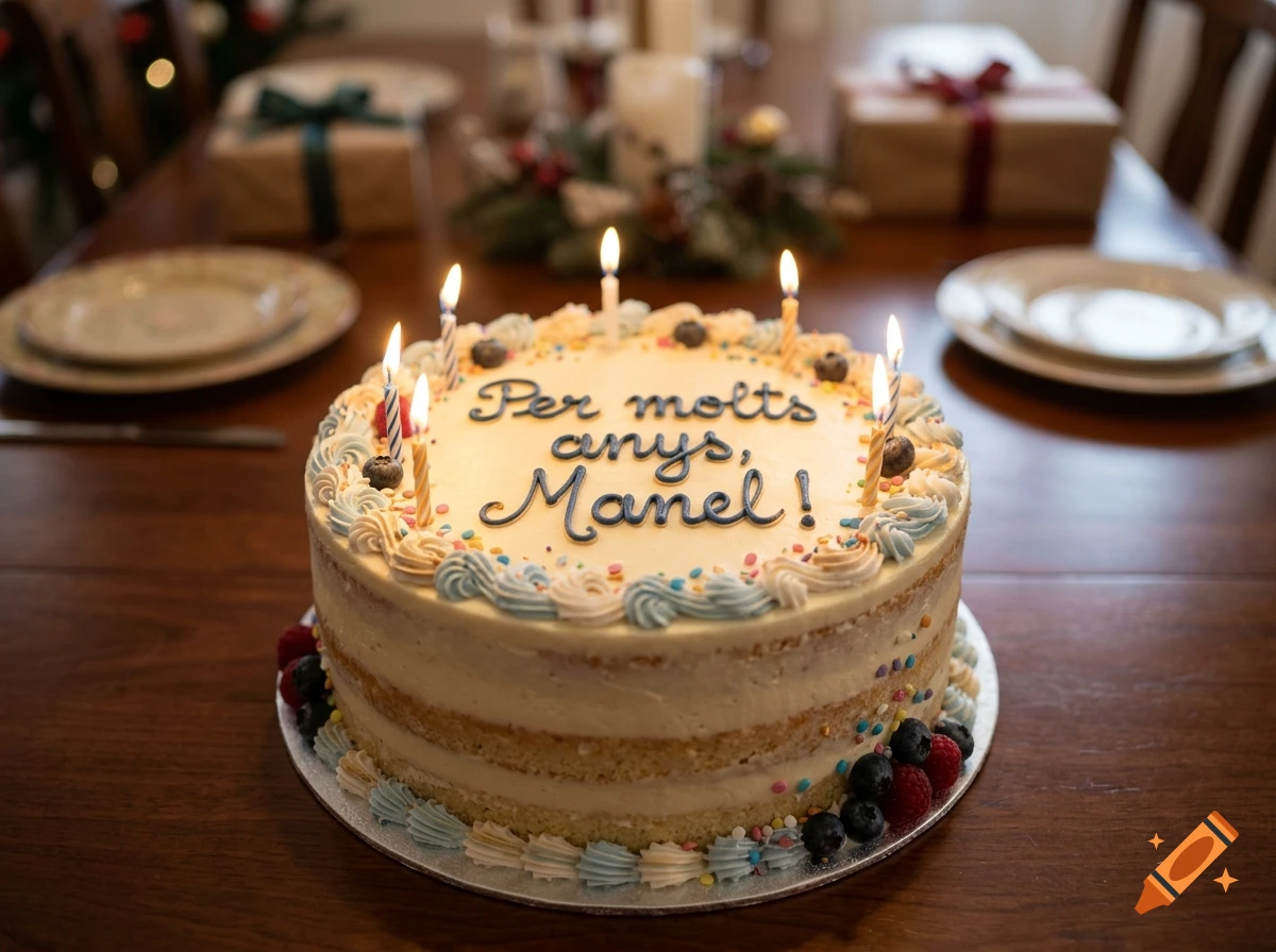 Photorealistic birthday cake on a dining table with lit candles and the inscription Per molts anys, Manel!