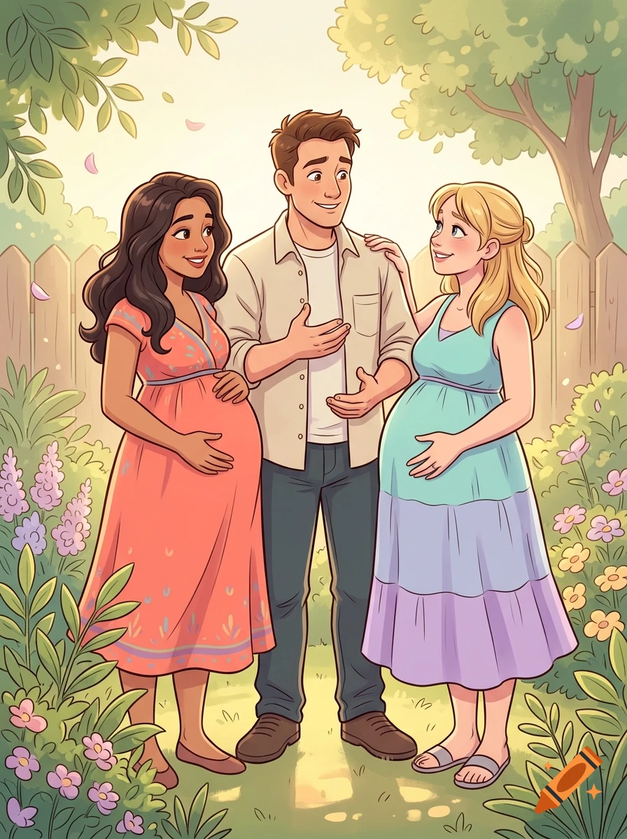 Cartoon illustration of a man standing between two pregnant women in a garden setting.