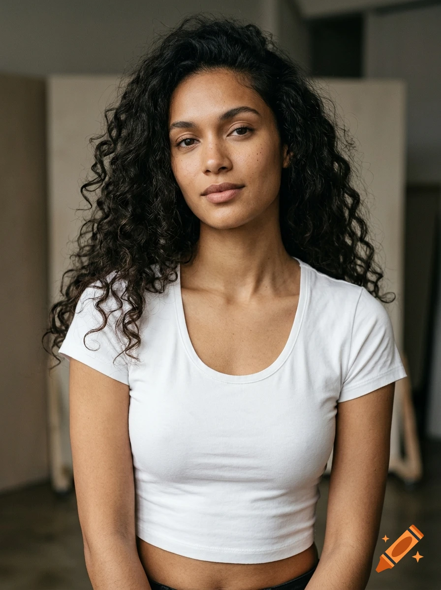 Photorealistic portrait of a woman with long dark voluminous curls wearing a white crop top t-shirt.