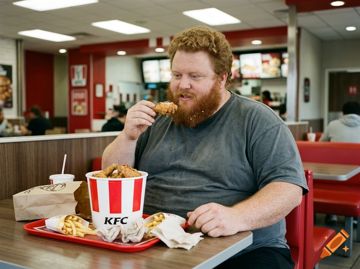 Photorealistic image of a ginger man eating a piece of fried chicken at a KFC restaurant, with a bucket of chicken and fries on the table.