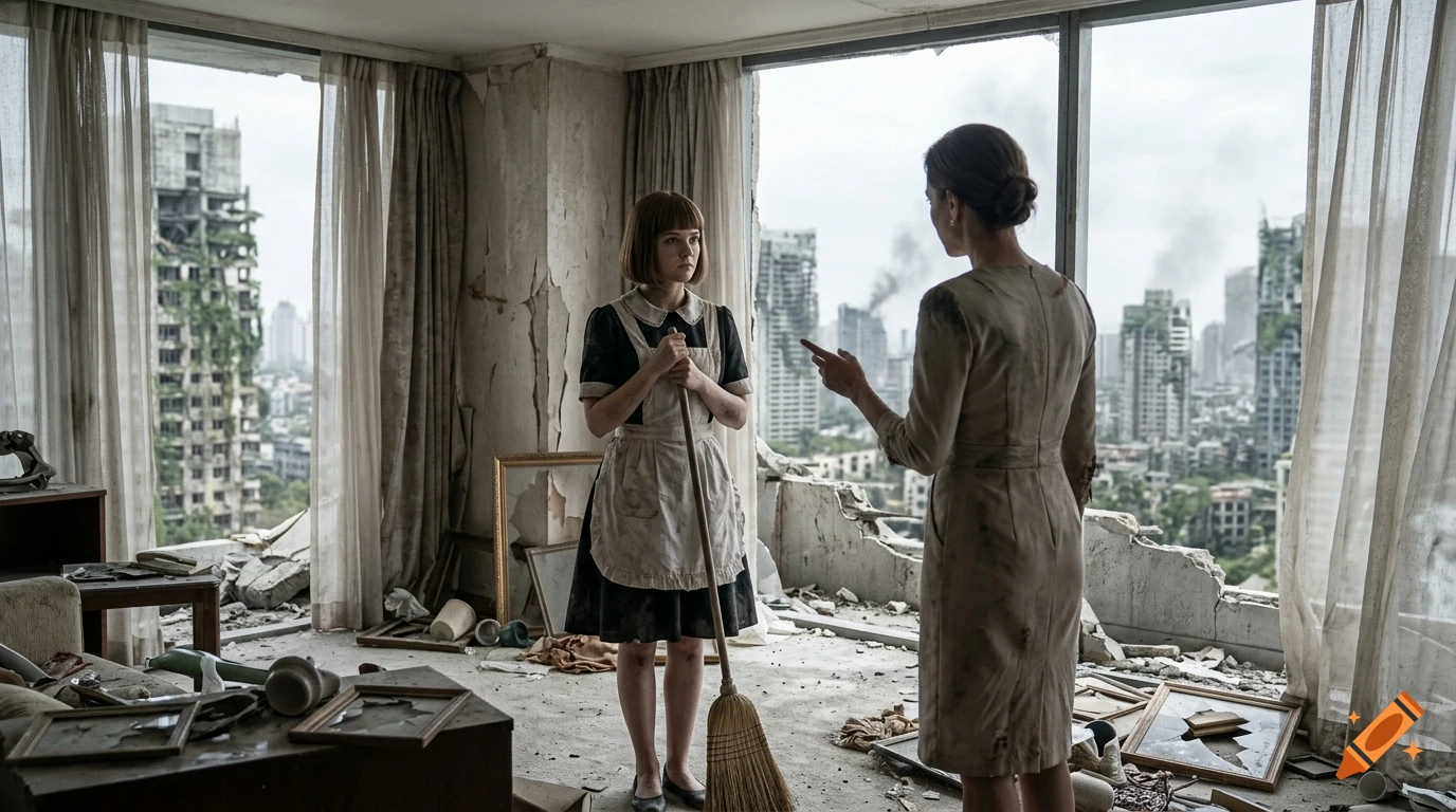 Photorealistic scene of a maid with a broom talking to a woman in a ruined, post-apocalyptic penthouse apartment.