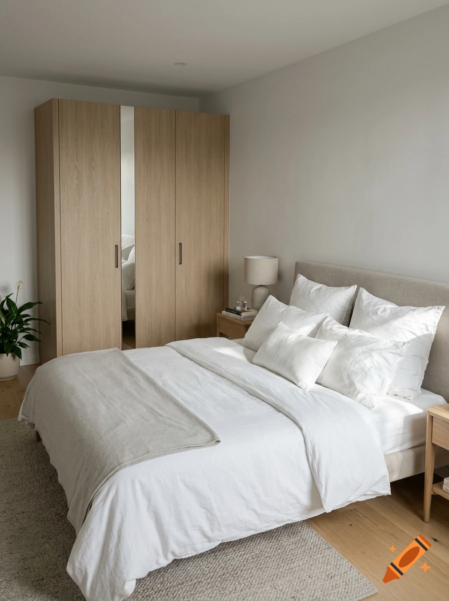 Modern minimalist bedroom with a large wooden wardrobe, a bed with white pillows and a blanket, and a small nightstand with a lamp.