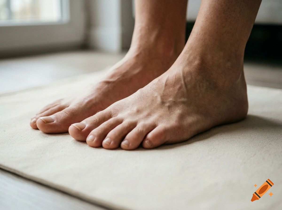 Close-up photorealistic shot of human bare feet standing on a light-colored mat indoors.