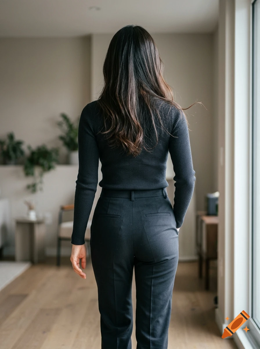 Rear view of a woman with long dark hair wearing a black ribbed top and trousers in a modern room.