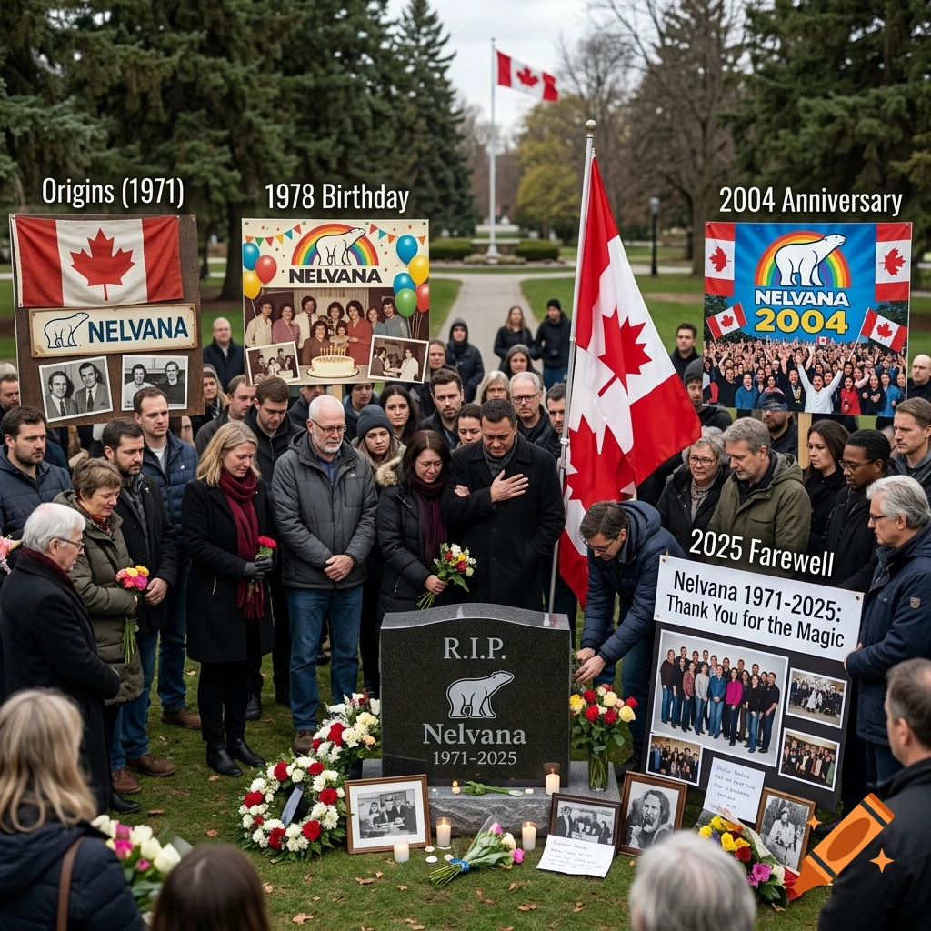Photorealistic image of a crowd of people mourning around a gravestone for Nelvana with Canadian flags.