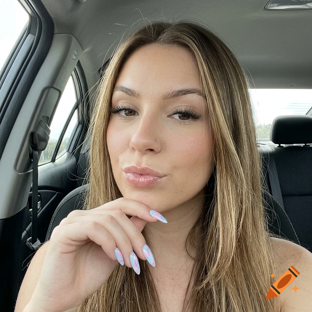 Photorealistic close-up selfie of a young woman in a car with styled blonde hair and pastel nails.