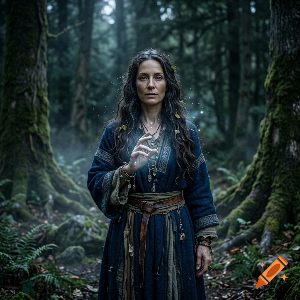 Photorealistic portrait of a mystic enchantress in a dark mossy forest, holding glowing magic in her hand.