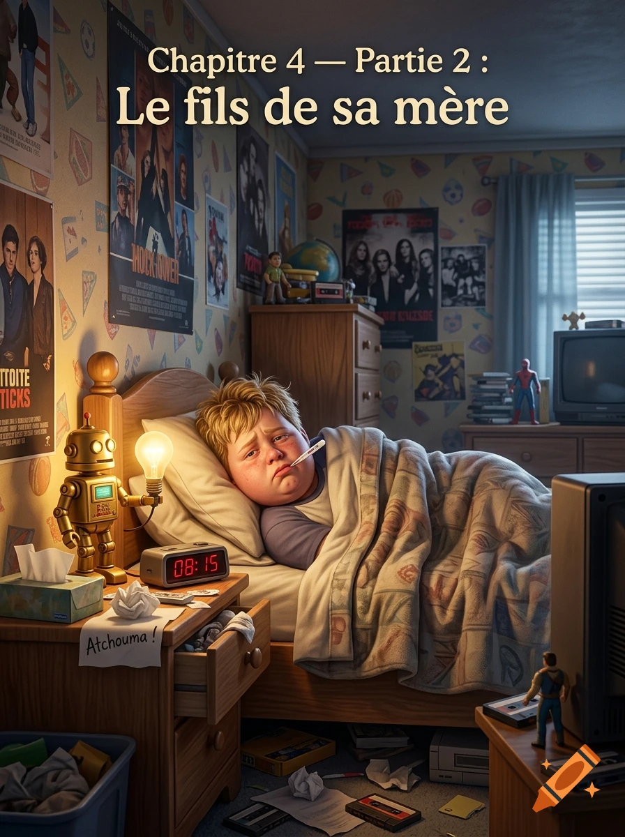 Cinematic illustration of a sick blonde boy in bed with a thermometer in his mouth inside a 1990s bedroom.