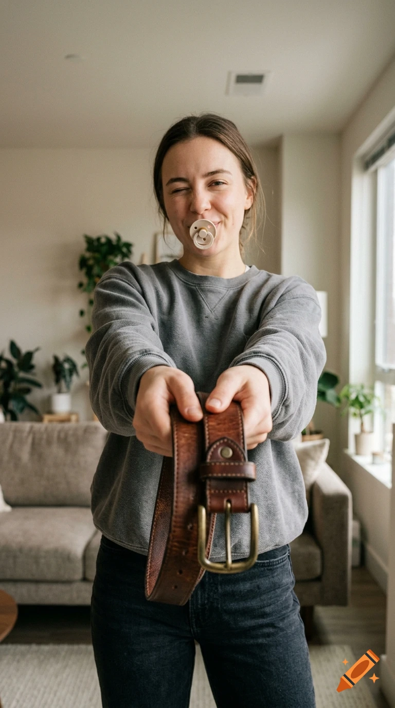 Photorealistic image of a young woman with a pacifier in her mouth, winking, and offering a leather belt towards the camera.