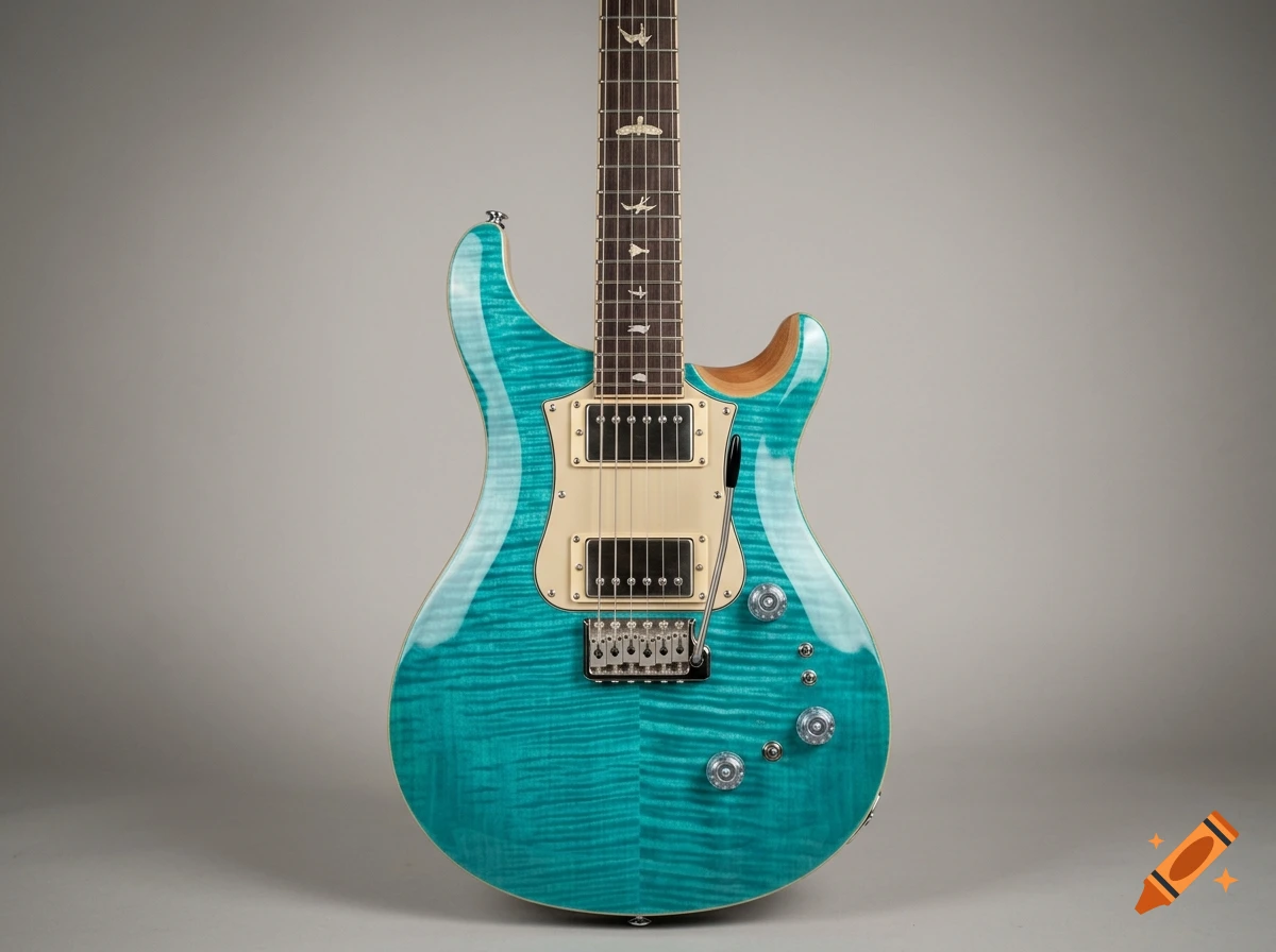 Photorealistic turquoise electric guitar with a flamed maple top, dual humbucker pickups, and bird inlay fretboard on a neutral grey background.