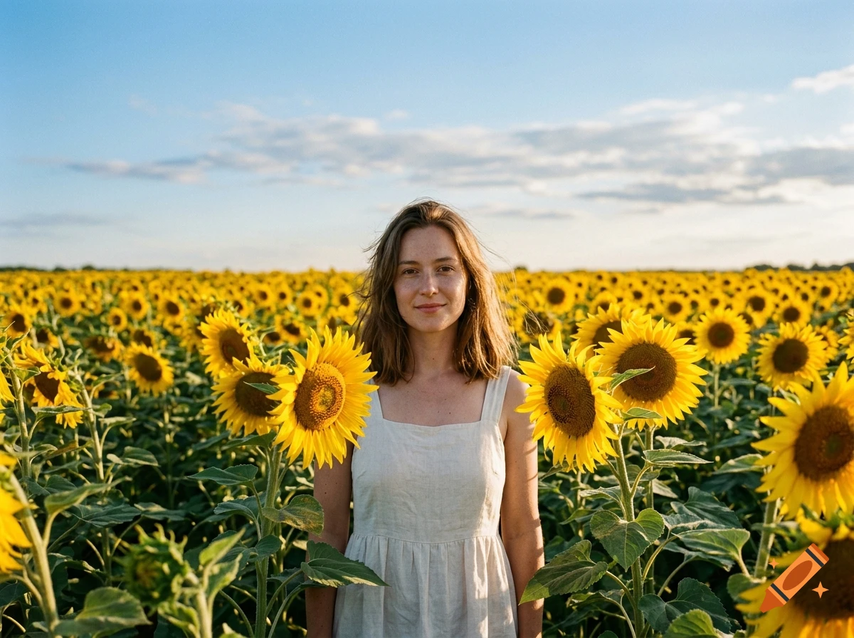 Photorealistic portrait of a young woman standing in the middle of a vast sunflower field under a blue sky.