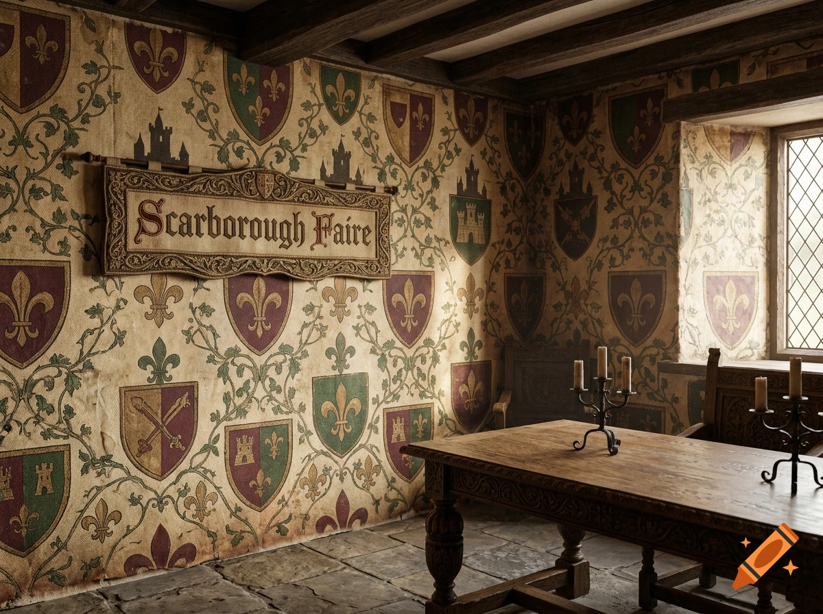 Medieval room interior with patterned wallpaper featuring heraldic shields, a wooden table, and a sign reading Scarborough Faire.