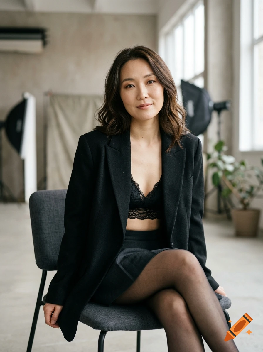 Photorealistic portrait of an Asian woman sitting on a chair wearing a black blazer, lace bralette, and sheer tights in a studio setting.