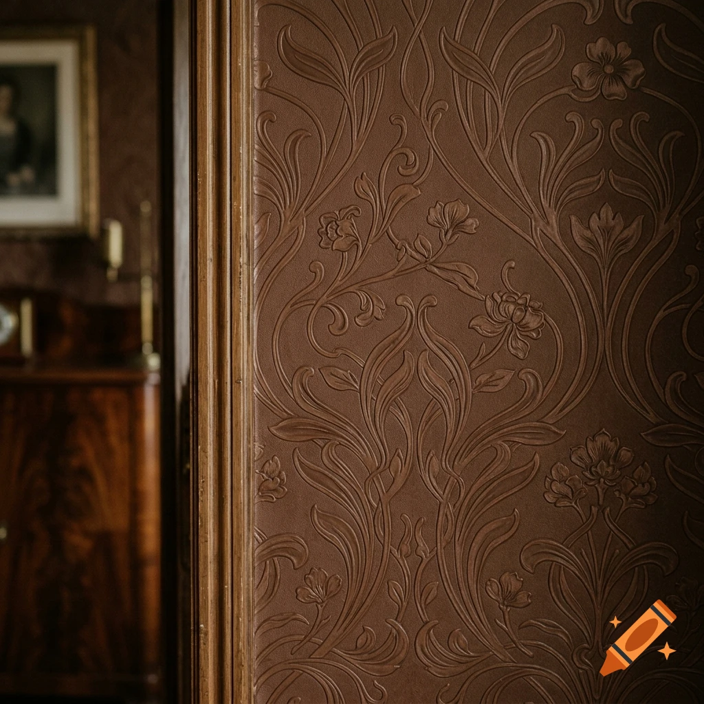 Close-up of chocolate brown art nouveau patterned wallpaper next to a wooden doorframe, with a blurry interior in the background.
