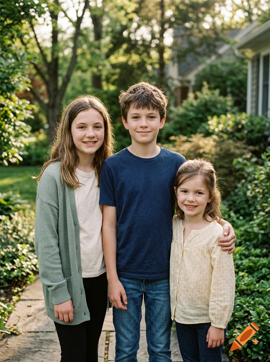 Photorealistic portrait of three young siblings standing together outdoors on a stone path.