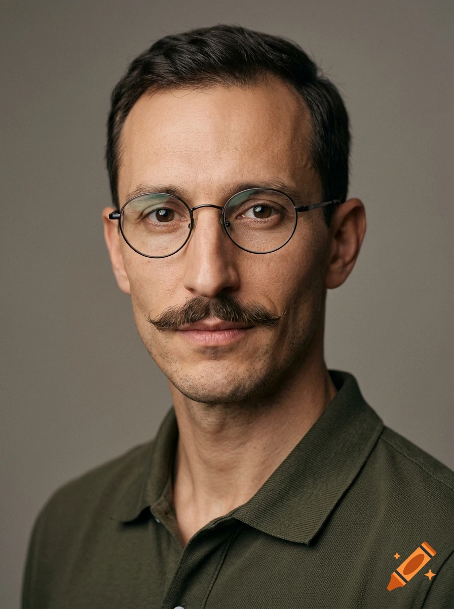 Portrait of a man with short brown hair, a mustache, and round glasses, wearing an olive green polo shirt.