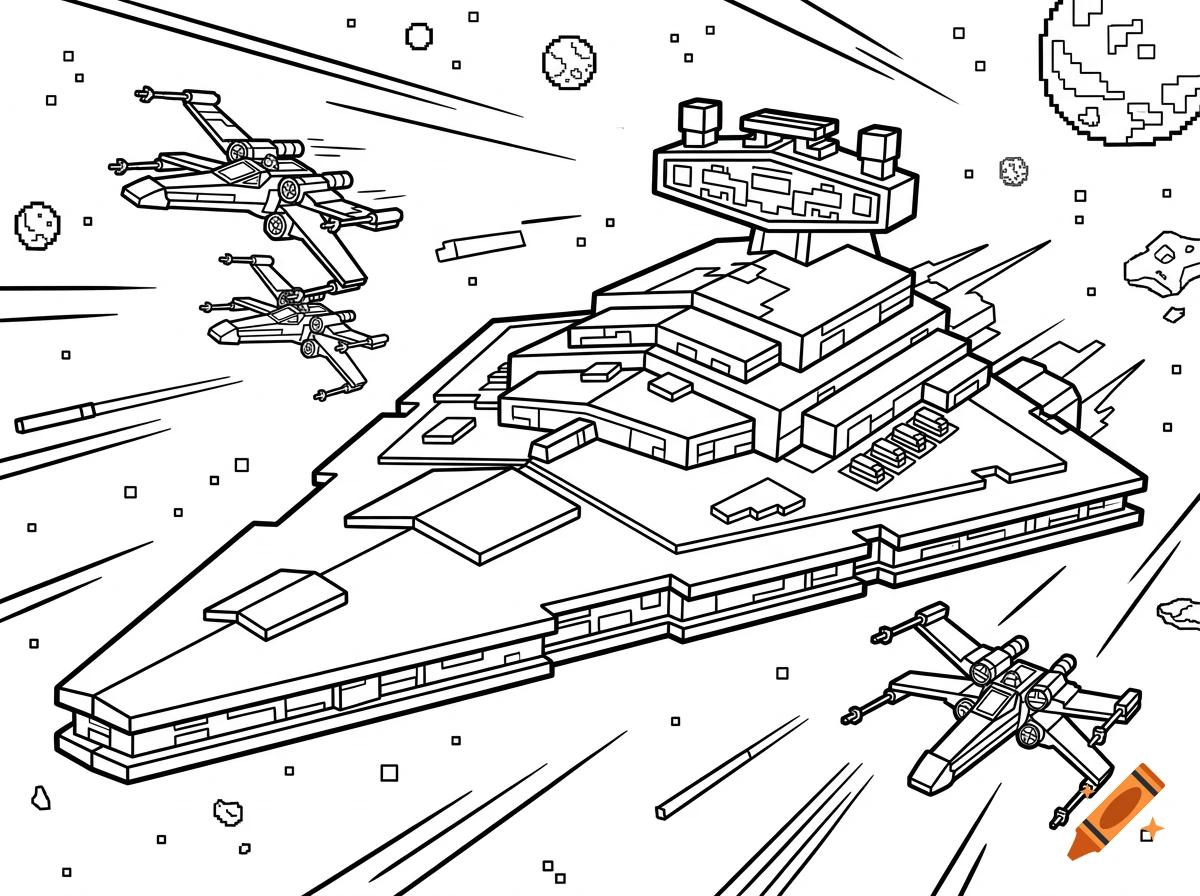 A pixel art coloring page depicting a large spaceship and three smaller fighter spacecraft in a space battle with planets and stars.