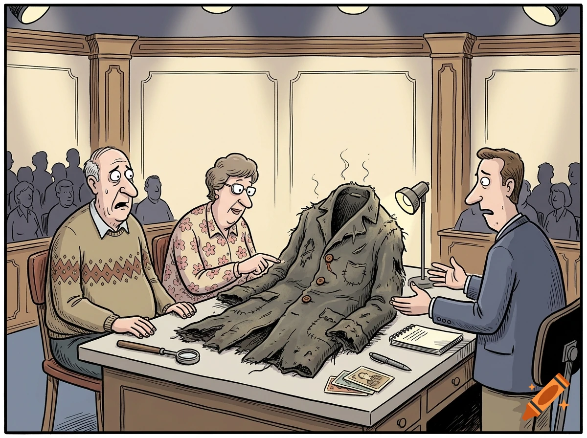 Comic style illustration of two people looking at an old tattered coat on a table in front of an appraiser and audience.
