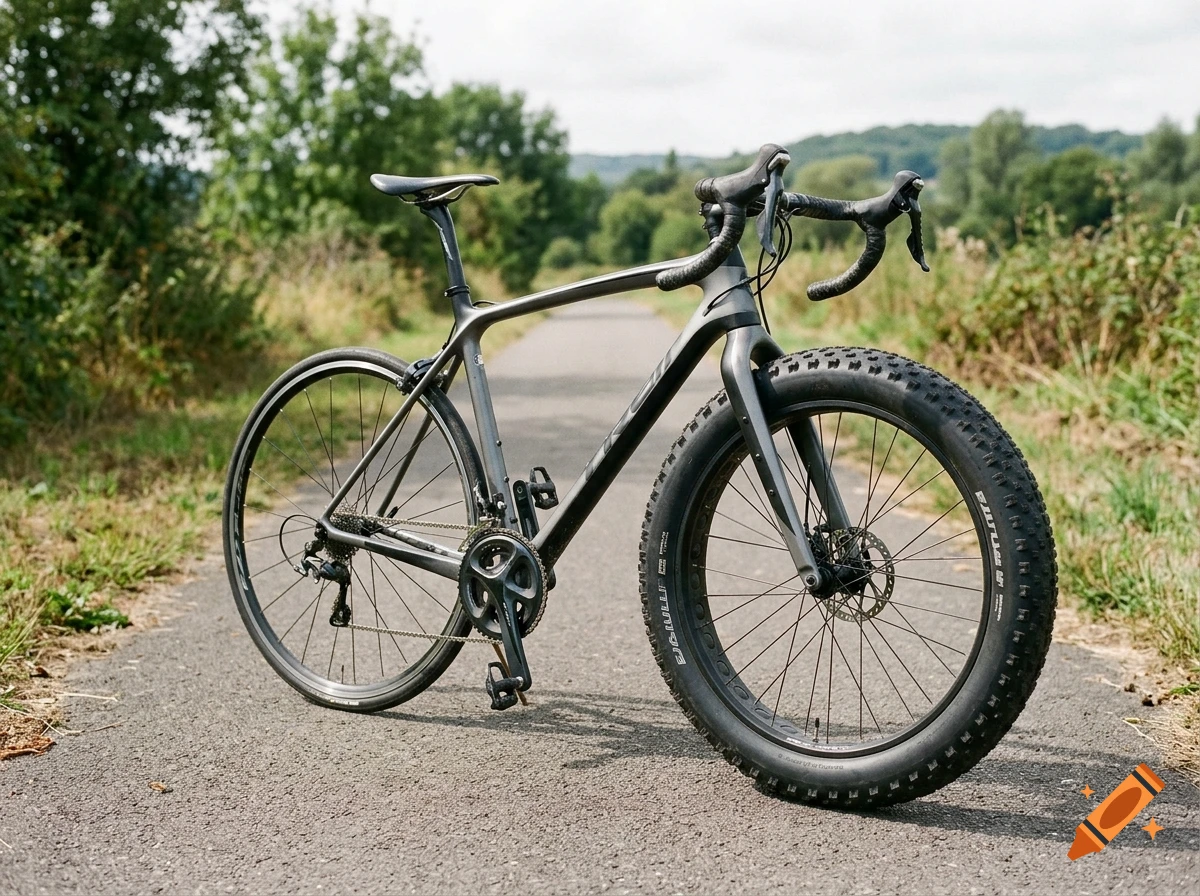 Photorealistic image of a bicycle with a normal rear wheel and a fatbike front tire on a paved path.