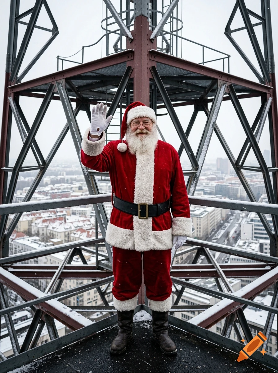 Santa Claus waving from the Berlin radio tower in winter, photorealistic.