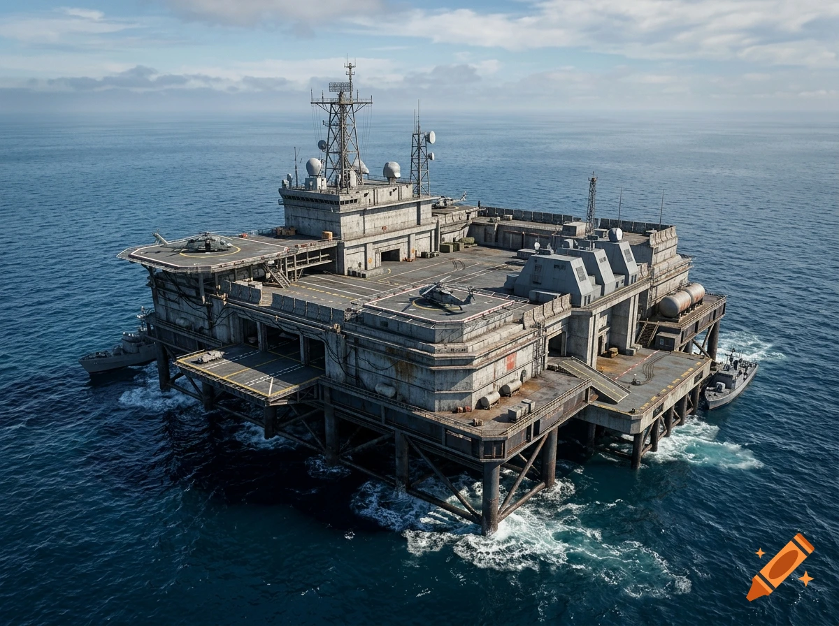 Aerial view of a large, fortified military base platform constructed on the open ocean with helicopters parked on deck.