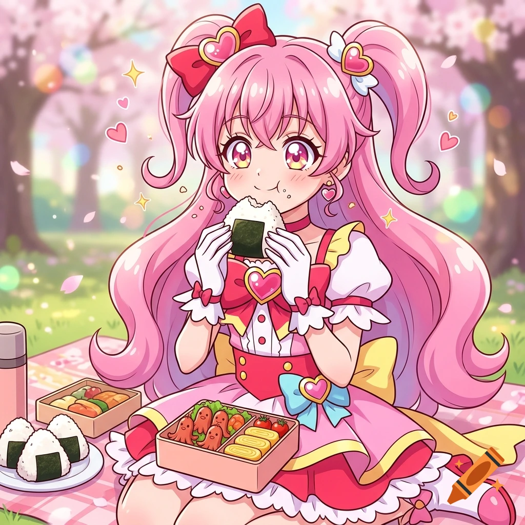 Anime illustration of a pink-haired magical girl eating an onigiri bento during a picnic under cherry blossom trees.